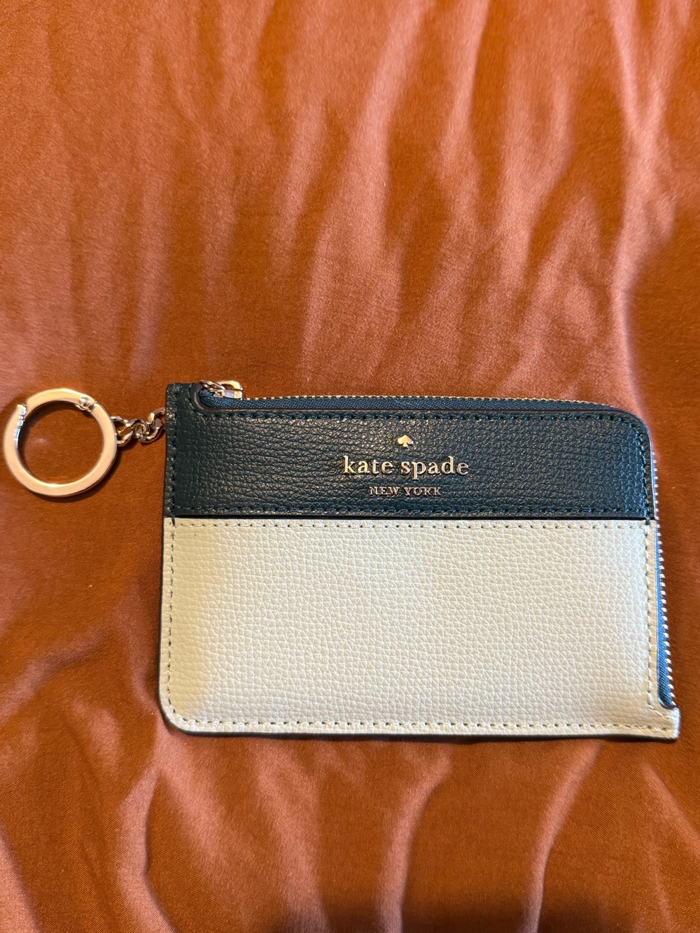 Kate Spade Two-Tone Leather Zip Card Case Key Ring - Black & Cream